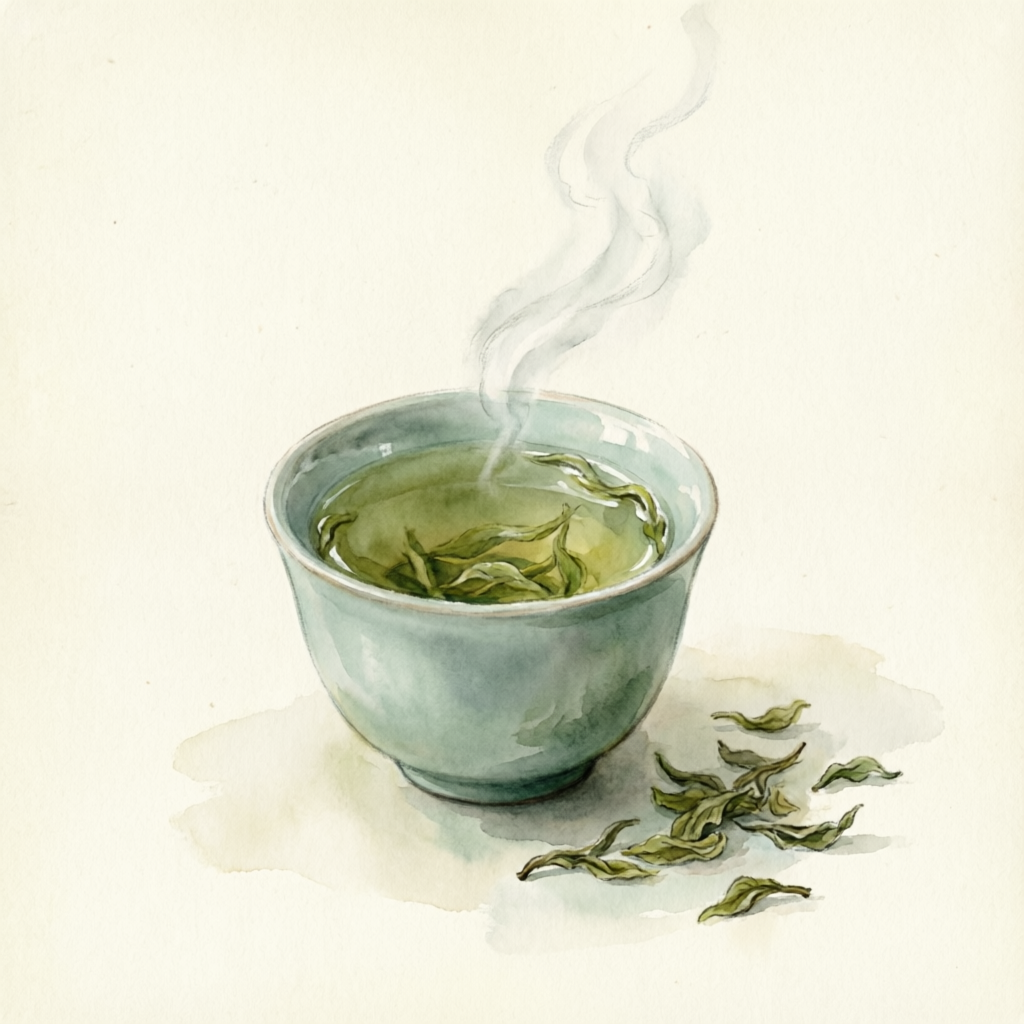 湯気の立つ緑茶の水彩イラスト
